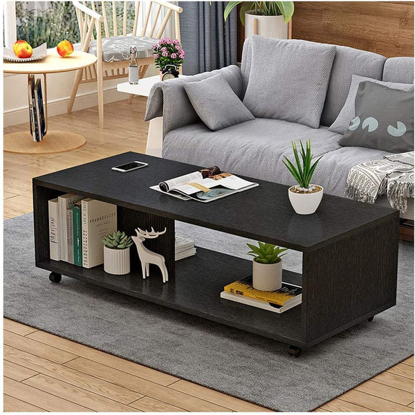 Lukzer Engineered Wood Center Table with Wheels Open Storage Desk (CT-003/Wenge)