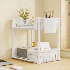 Lukzer 2-Tier Plastic Desk Storage & Book Organizer with Pen Holder (PMR-008/White)