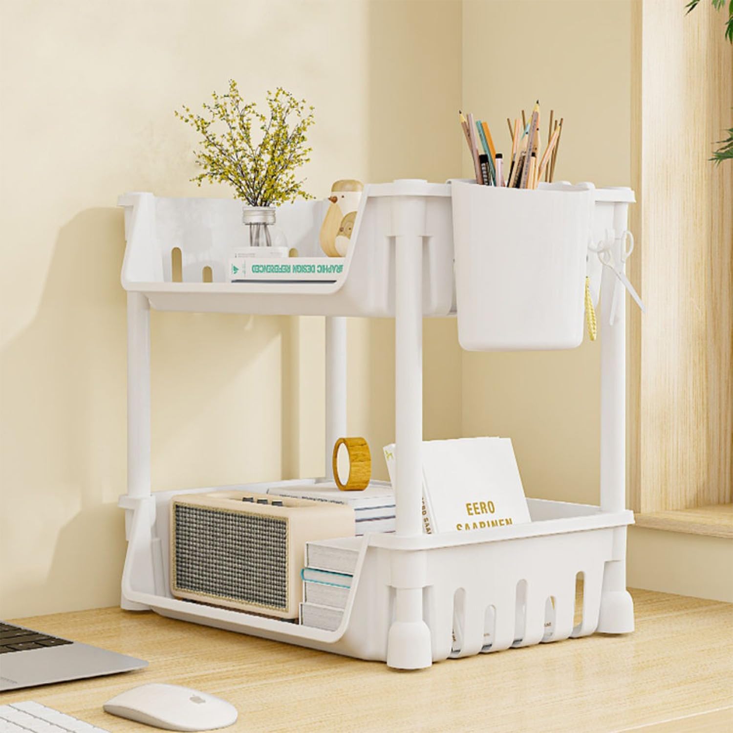 Lukzer 2-Tier Plastic Desk Storage & Book Organizer with Pen Holder (PMR-008/White)