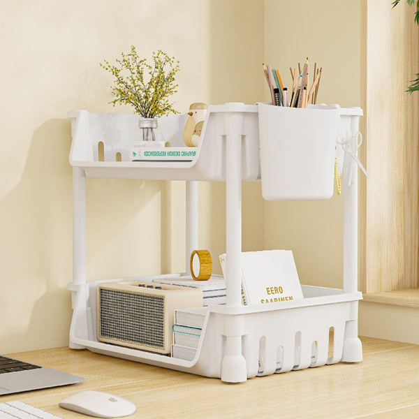 Lukzer 2-Tier Plastic Desk Storage & Book Organizer with Pen Holder (PMR-008/White)