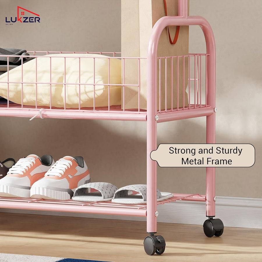 Lukzer Heavy-Duty Portable Metal Clothes Rack with Double Rod & Bottom Shelf (MGR-002/Pink)
