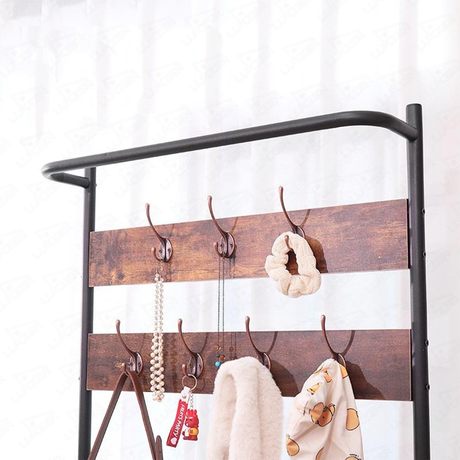 Lukzer Multipurpose Hall Tree with Coat Rack, Bench and Shoe Storage (Black & Oak)