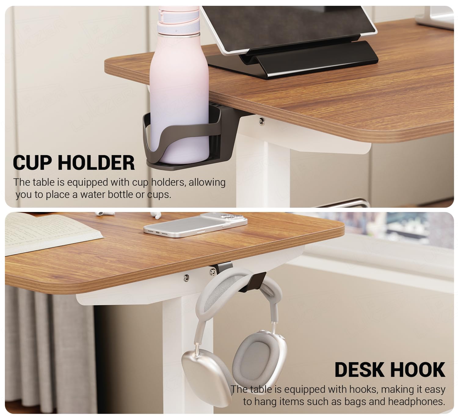 Lukzer L-Shape Electric Height Adjustable Study Desk (EST-001/White & Oak Brown) 3-Years Warranty
