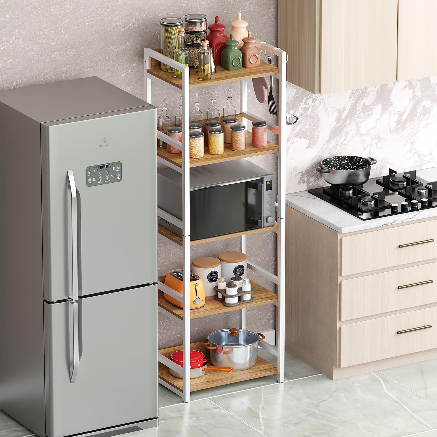 Lukzer 5-Tier Multipurpose Metal & Wood Kitchen Storage Rack (MKR-005/Oak Light with White)