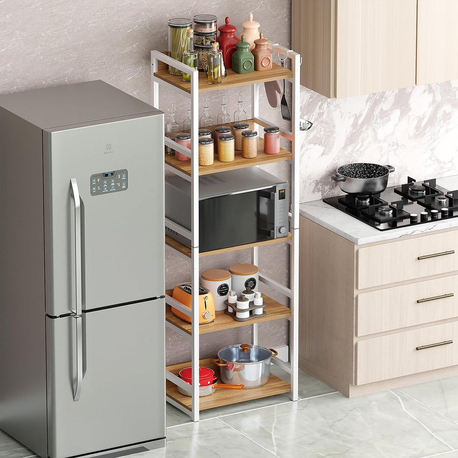 Lukzer 5-Tier Multipurpose Metal & Wood Kitchen Storage Rack (MKR-005/Oak Light with White)