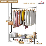 Lukzer Metal Single Rod Clothes Hanging Stand with Bottom Shelf & Lockable Wheels (MGR-003/Black)
