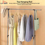 Lukzer A-Shaped Metal Garment Stand with Dual Storage Shelves & Wheels (MGR-010/Grey)