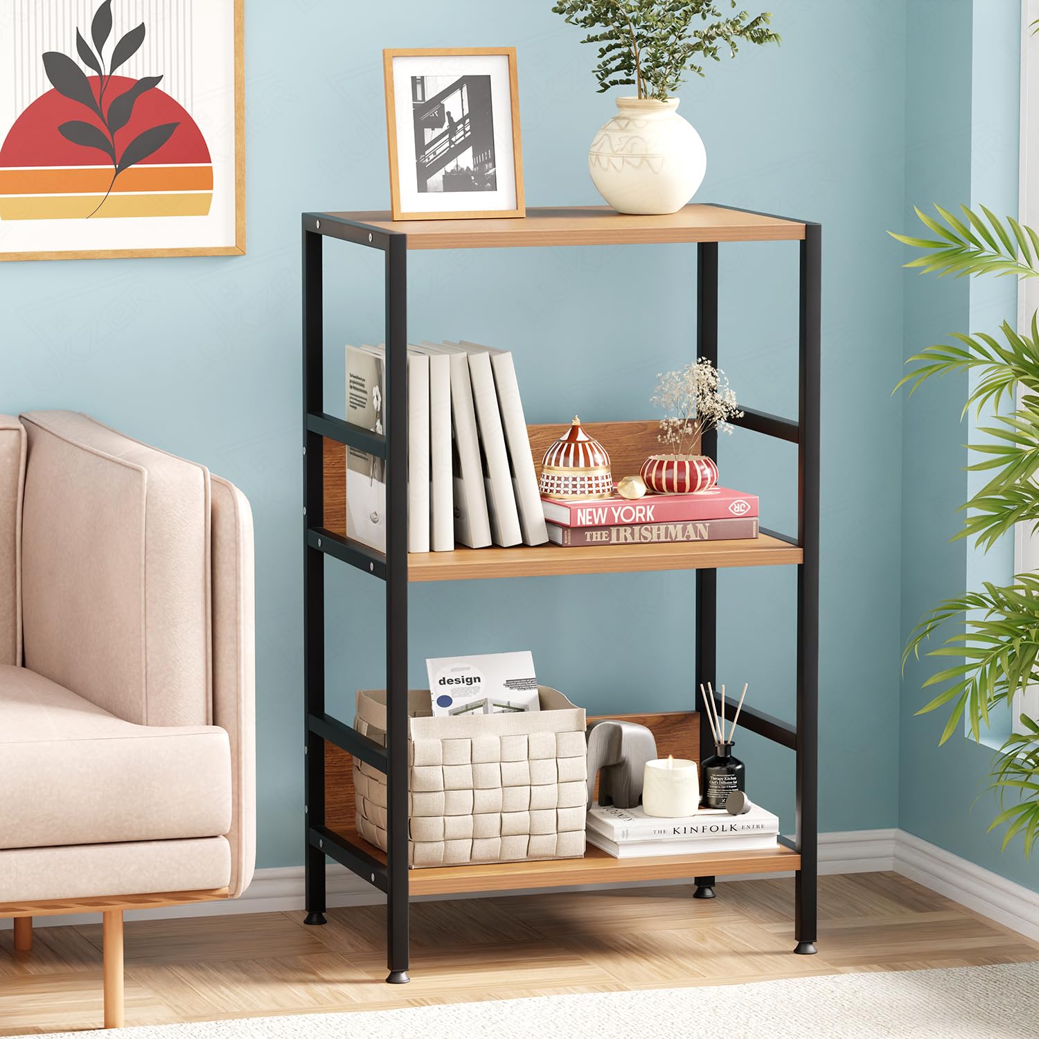 Lukzer 3-Tier Wooden Bedside Table for Bedroom & Multipurpose Open Storage Shelf (MMR-006-Black & Oak Brown)