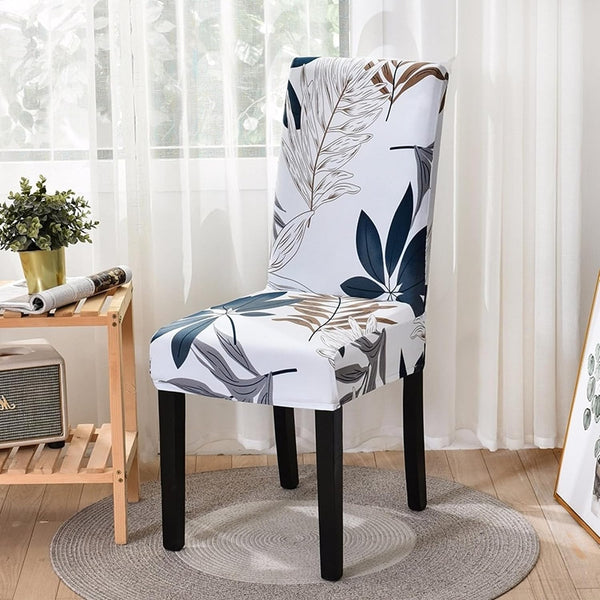 Lukzer Polyester Chair Cover -  White Leaf Print (CC-017-01)