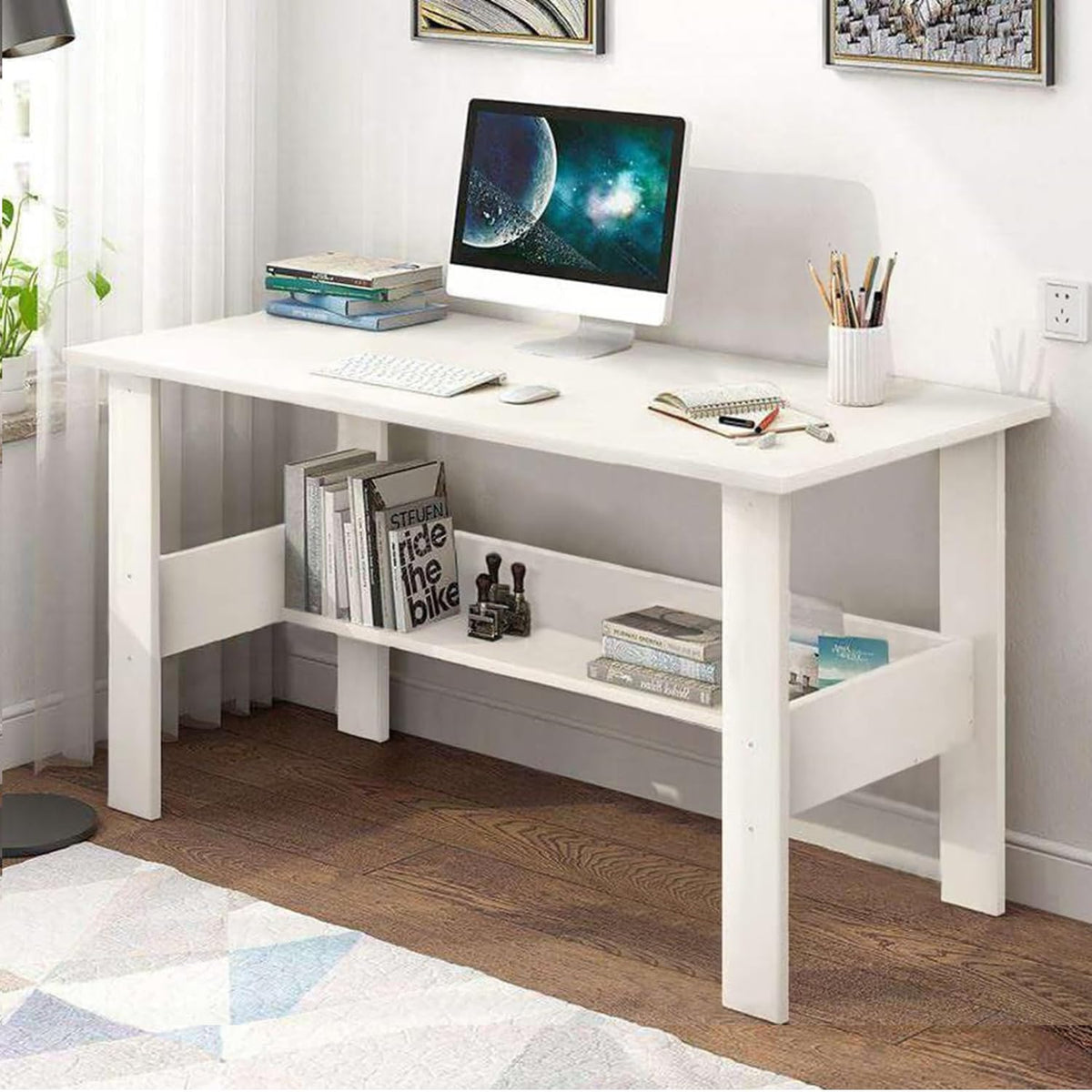 Lukzer Modern Computer Desk with Bookshelf Study Table Made with Engineered Wood (ST-005/White)