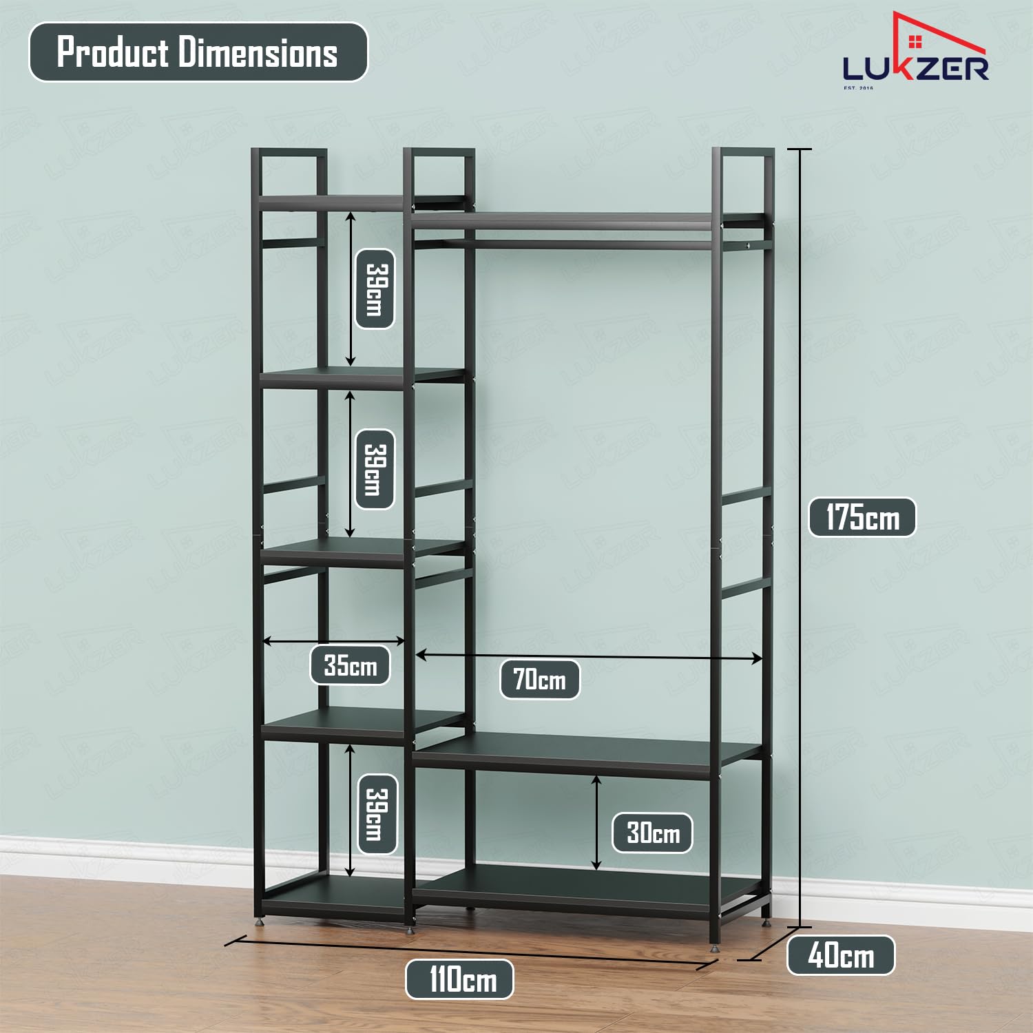 Lukzer Heavy Duty Garment Rack with 8 Shelves & Hanging Rod (MMR-004/Black & Black)