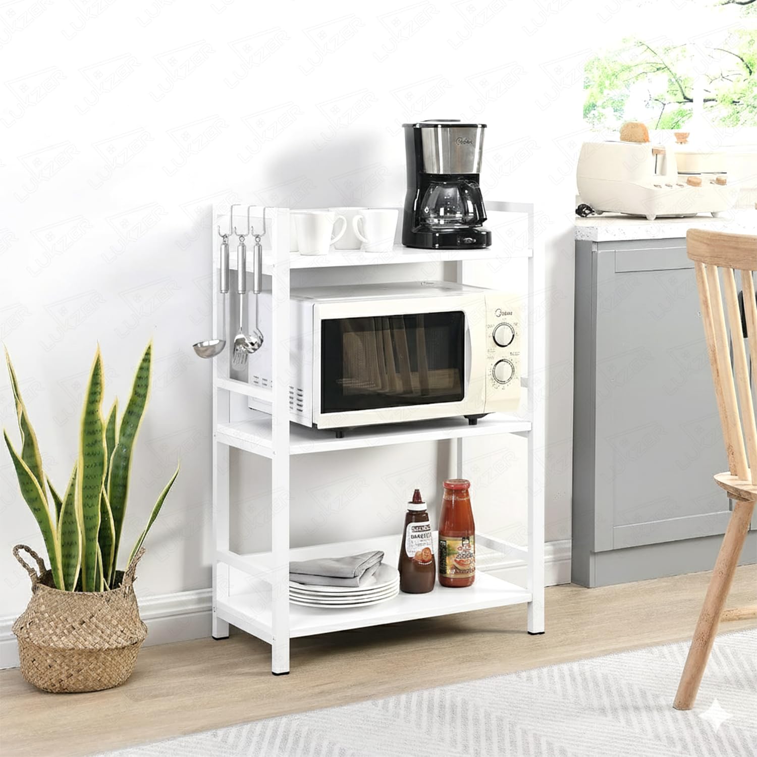Lukzer 3-Tier Multipurpose Metal & Wood Kitchen Storage Rack (MKR-003/White & White)