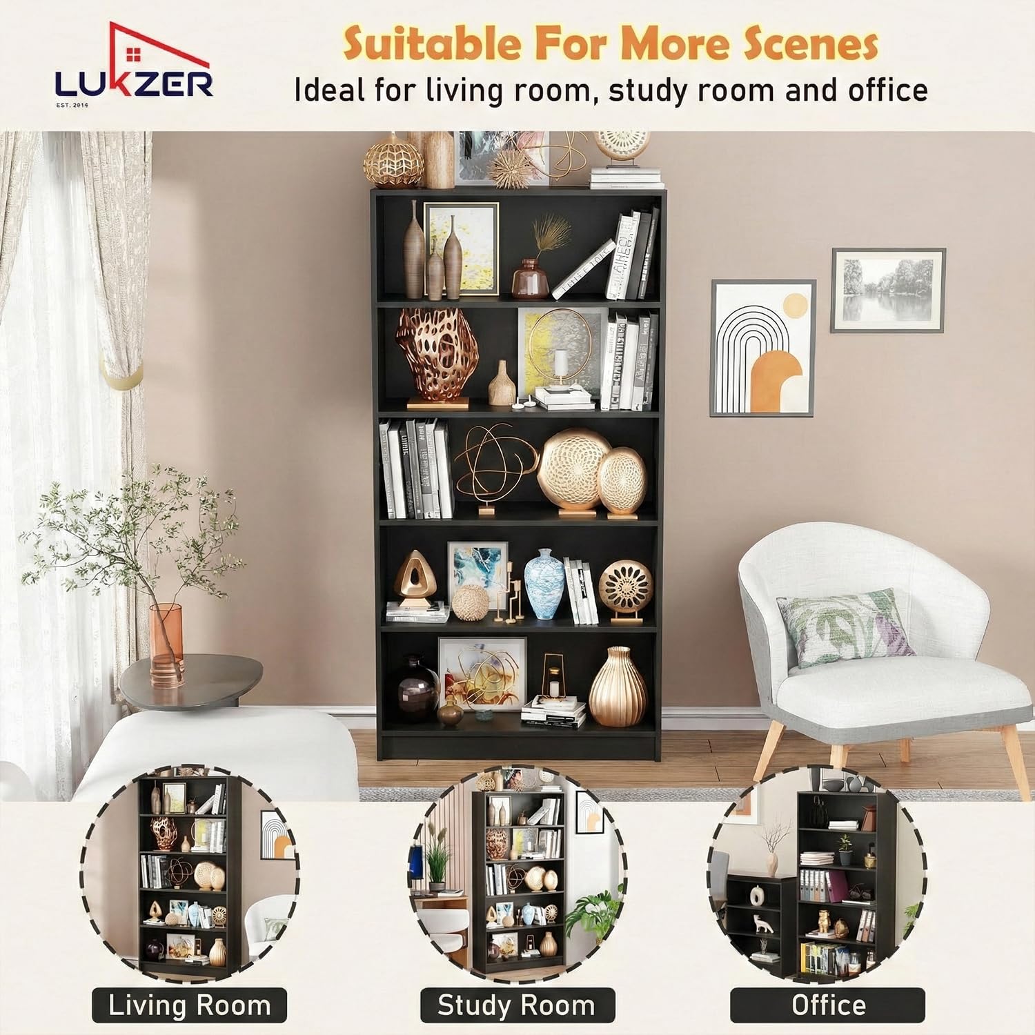 Lukzer Engineered Wood 6 Tier Bookcase Open Bookshelf & Display Rack (MR-032/Black)