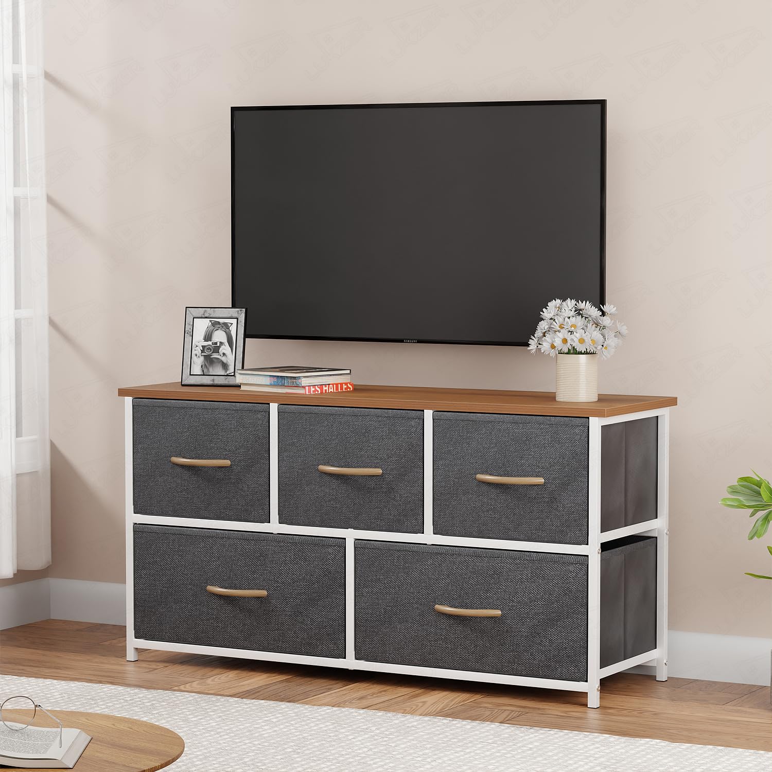 Lukzer 5-Drawer Fabric Storage Organizer for Closet (MMR-003/White & Oak Brown)