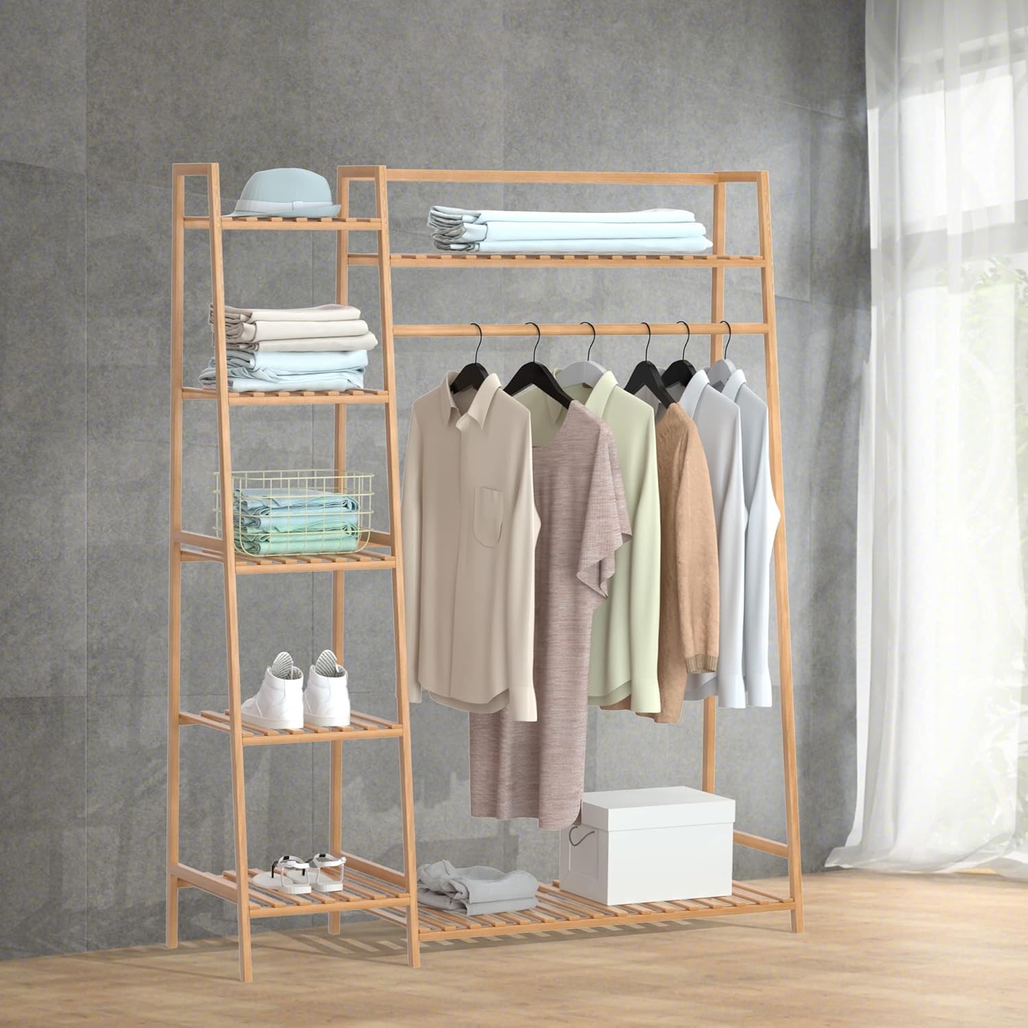 Lukzer Bamboo Clothes Organizer with Rail & 5+1 Storage Shelves (CH-491)
