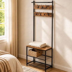 Lukzer Multipurpose Hall Tree with Coat Rack, Bench and Shoe Storage (Black & Oak)
