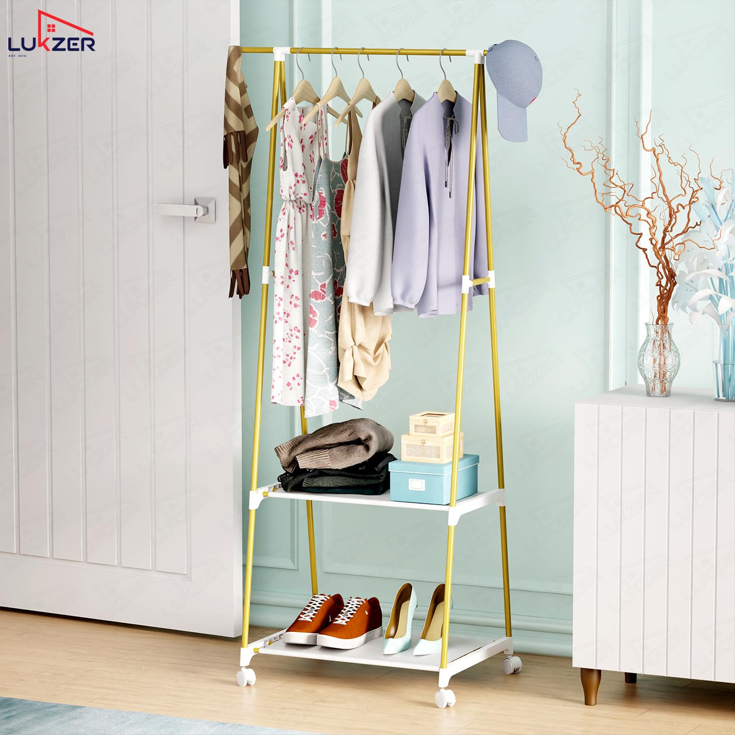 Lukzer A-Shaped Metal Garment Stand with Dual Storage Shelves & Wheels (MGR-010/Gold)