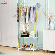 Lukzer A-Shaped Metal Garment Stand with Dual Storage Shelves & Wheels (MGR-010/Olive Yellow)
