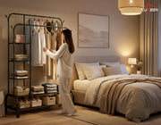 Lukzer Metal Garment Stand with 6 Shelves & Double Rods with Side Hooks & Wheels (MGS-008/Black)