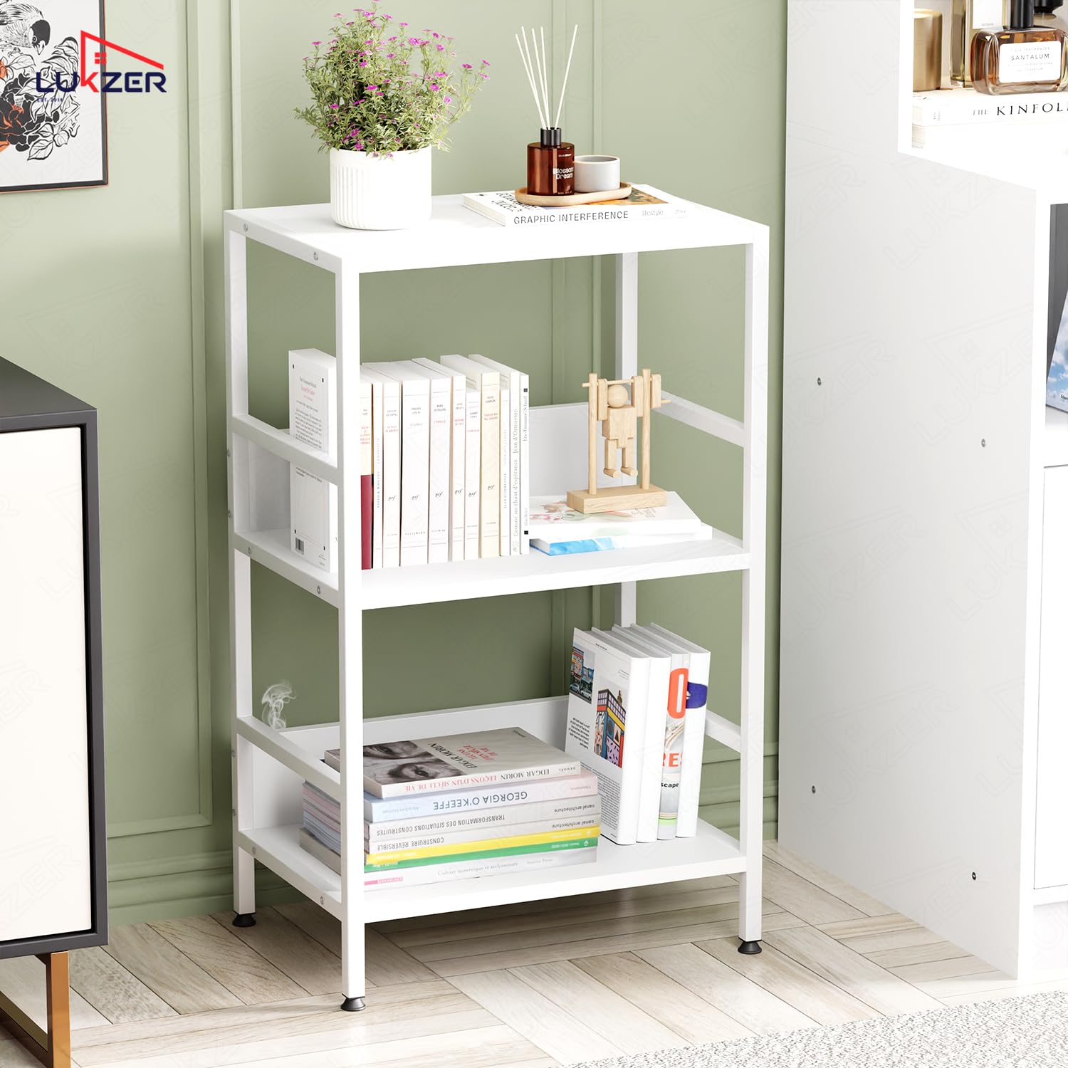 Lukzer 3-Tier Wooden Bedside Table for Bedroom & Multipurpose Open Storage Shelf (MMR-006-White & White)