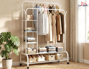 Lukzer Metal Garment Stand with 6 Shelves & Double Rods with Side Hooks & Wheels (MGS-008/White)