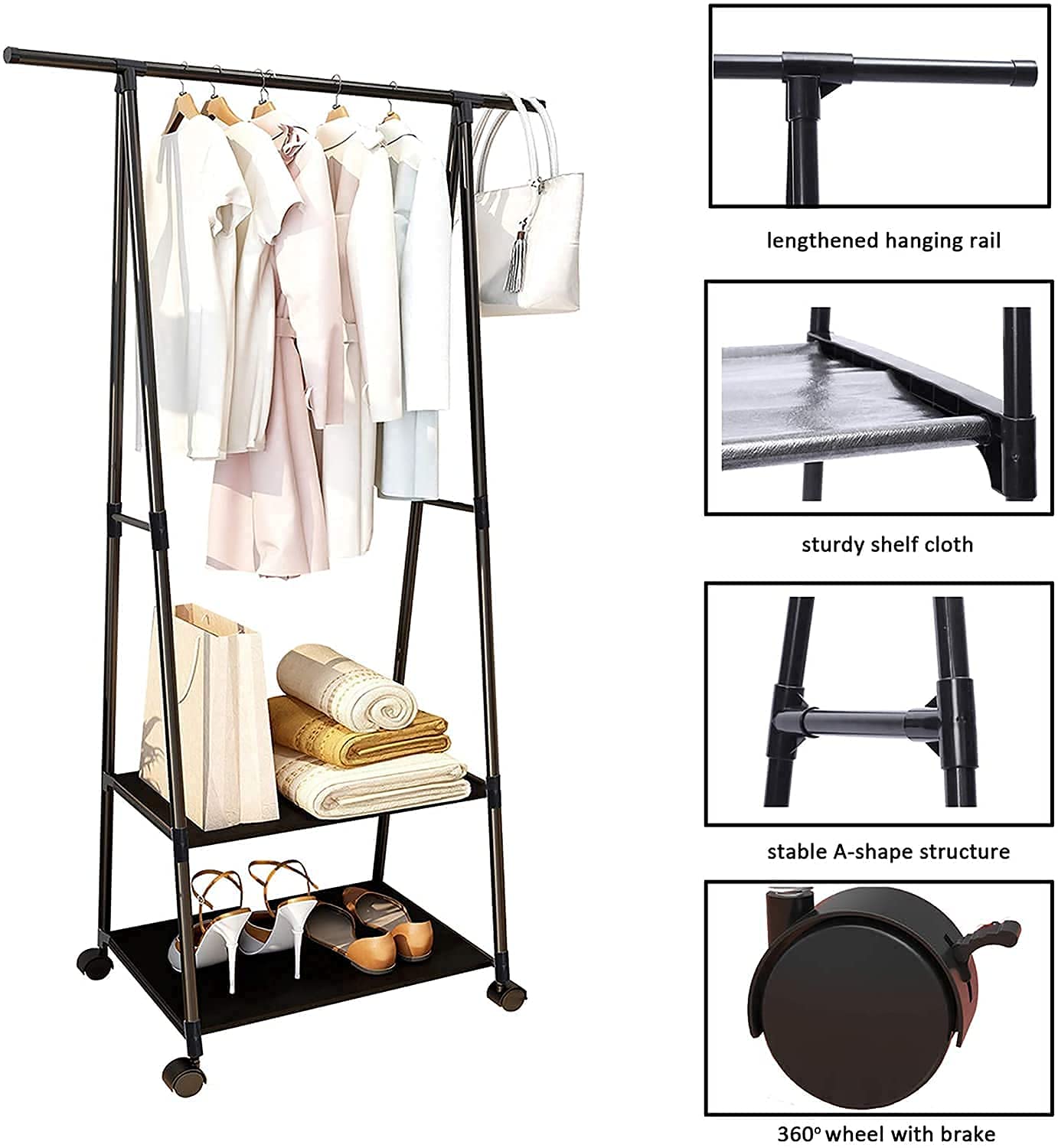 Lukzer A-Shaped Metal Garment Stand with Dual Storage Shelves & Wheels (MGR-010/Black)