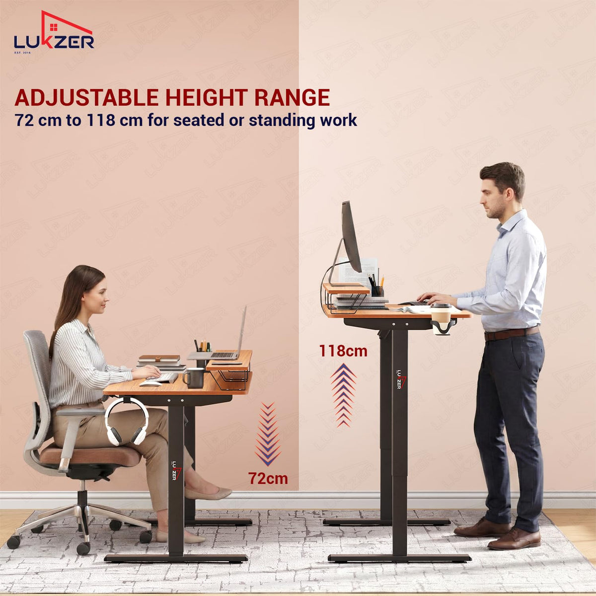 Lukzer Electric Height Adjustable Desk with Monitor Riser USB & Type-C Sit-Stand Table (EST-004-UC/Black & Oak Brown) 3-Years Warranty