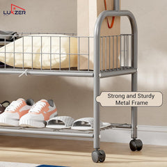 Lukzer Metal Single Rod Clothes Hanging Stand with Double Shelf & Lockable Wheels (MGR-004/Grey)
