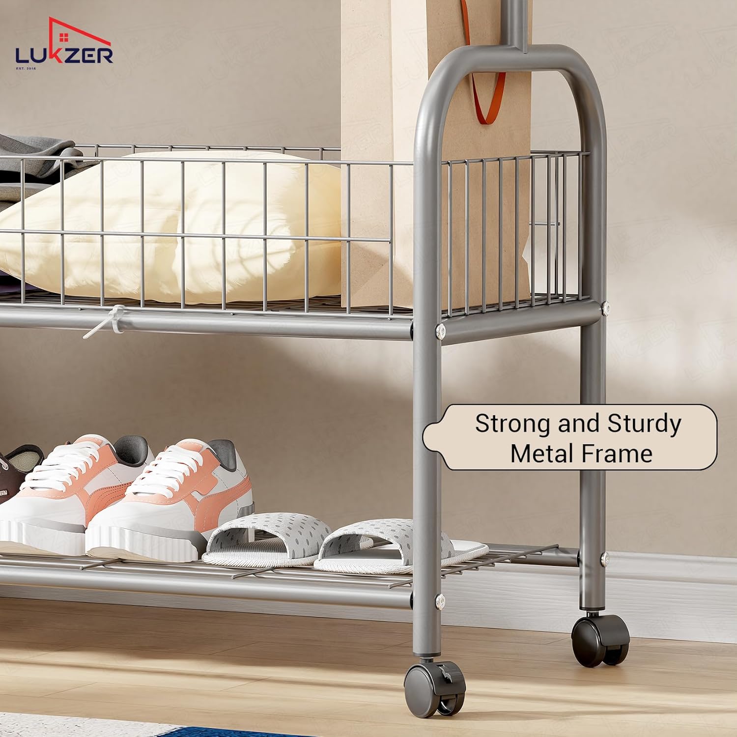Lukzer Metal Single Rod Clothes Hanging Stand with Double Shelf & Lockable Wheels (MGR-004/Grey)