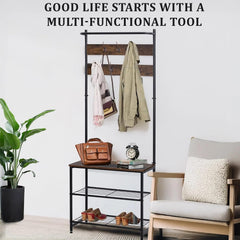 Lukzer Multipurpose Hall Tree with Coat Rack, Bench and Shoe Storage (Black & Oak)