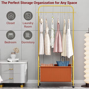 Lukzer Metal Clothes Rail Stand with Leather Storage Bin & Wheels (MGR-009/Gold)