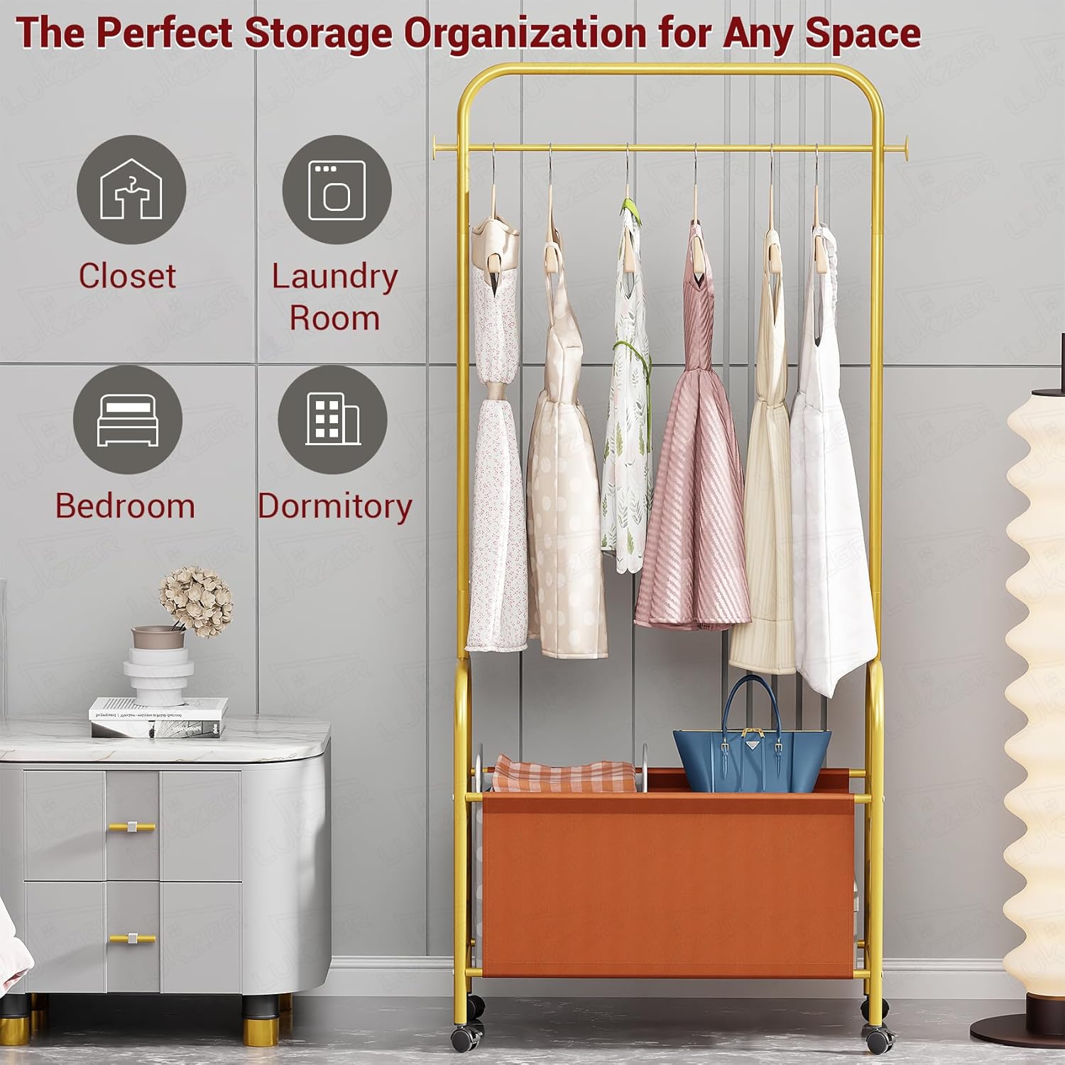 Lukzer Metal Clothes Rail Stand with Leather Storage Bin & Wheels (MGR-009/Gold)
