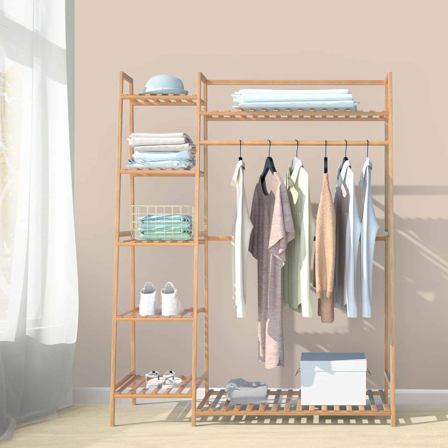Lukzer Bamboo Clothes Organizer with Rail & 5+1 Storage Shelves (CH-491)