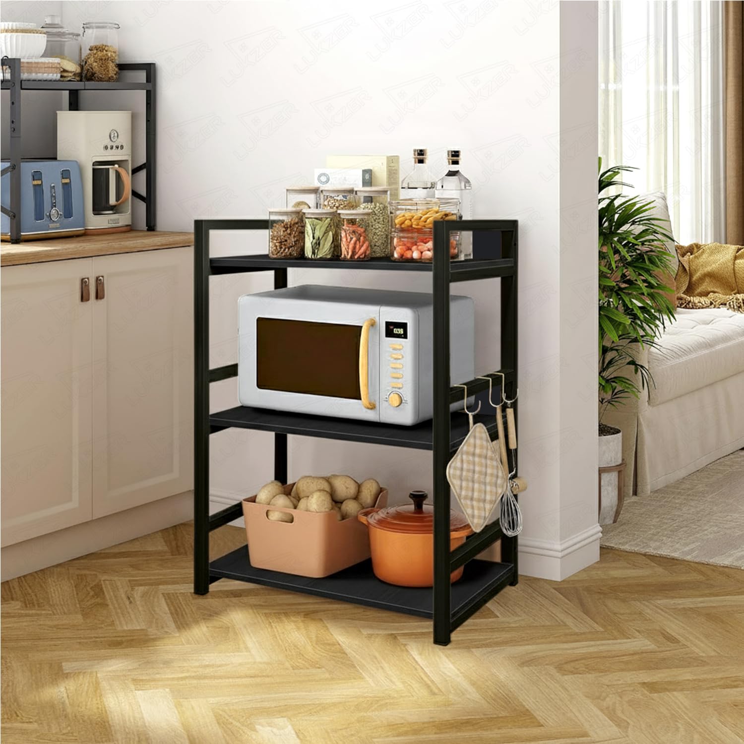 Lukzer 3-Tier Multipurpose Metal & Wood Kitchen Storage Rack (MKR-003/Black & Black)