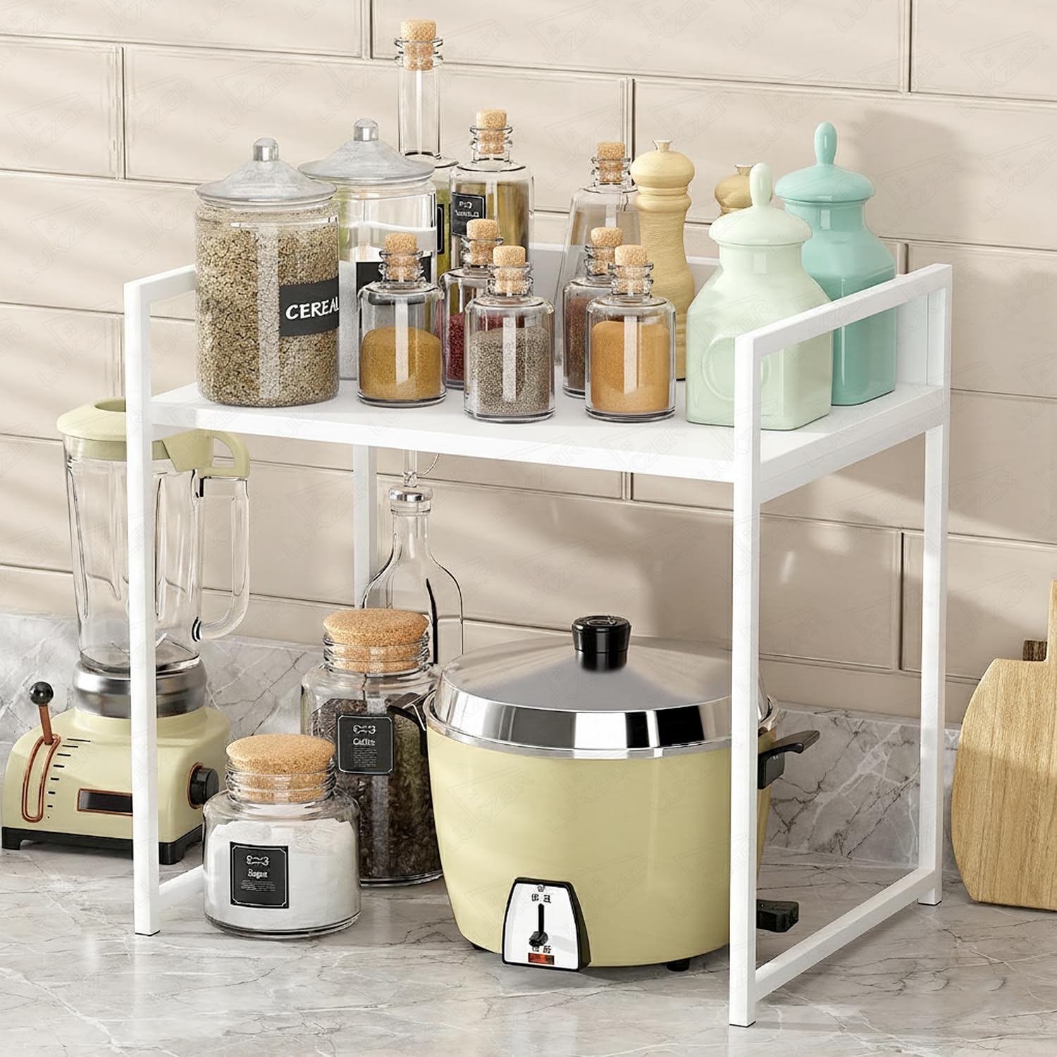 Lukzer 1-Tier Multipurpose Metal & Wood Kitchen Storage Rack (MKR-001/White With White)