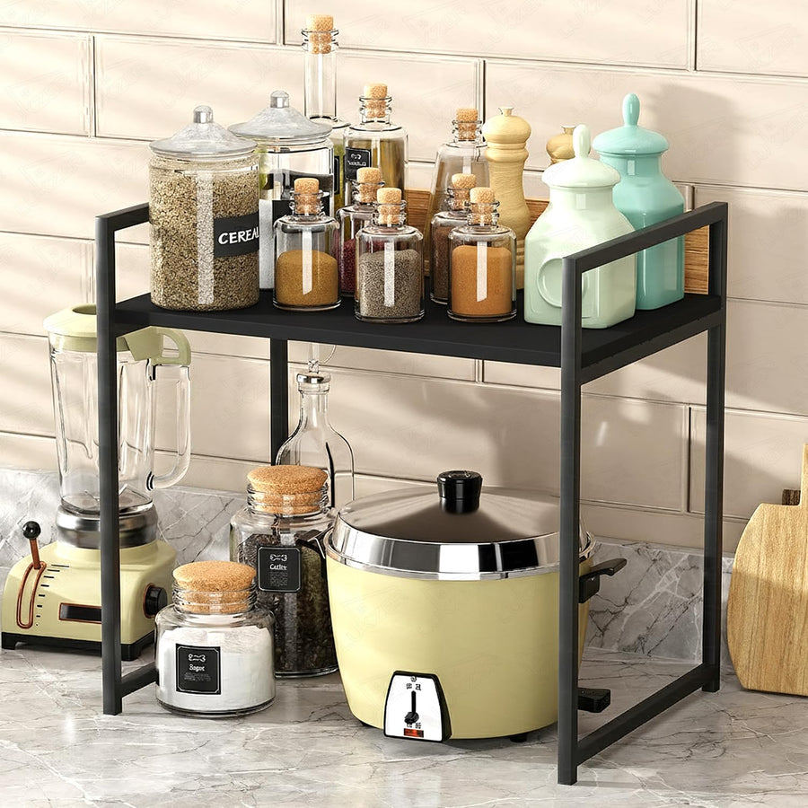 Lukzer 1-Tier Multipurpose Metal & Wood Kitchen Storage Rack (MKR-001/Black with Black)