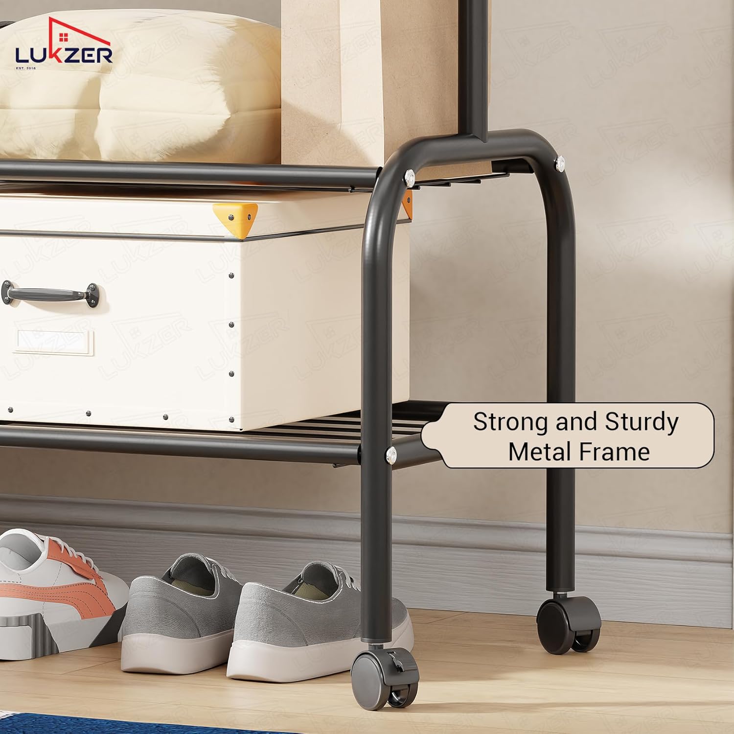 Lukzer Single Pole Portable Metal Garment Rack with 2 Bottom Shelves (MGR-008/Black)