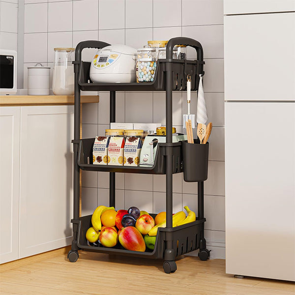 Lukzer 3-Tier Plastic Movable Kitchen Organizer with Cutlery Holder & Hooks (PMR-009/Black)