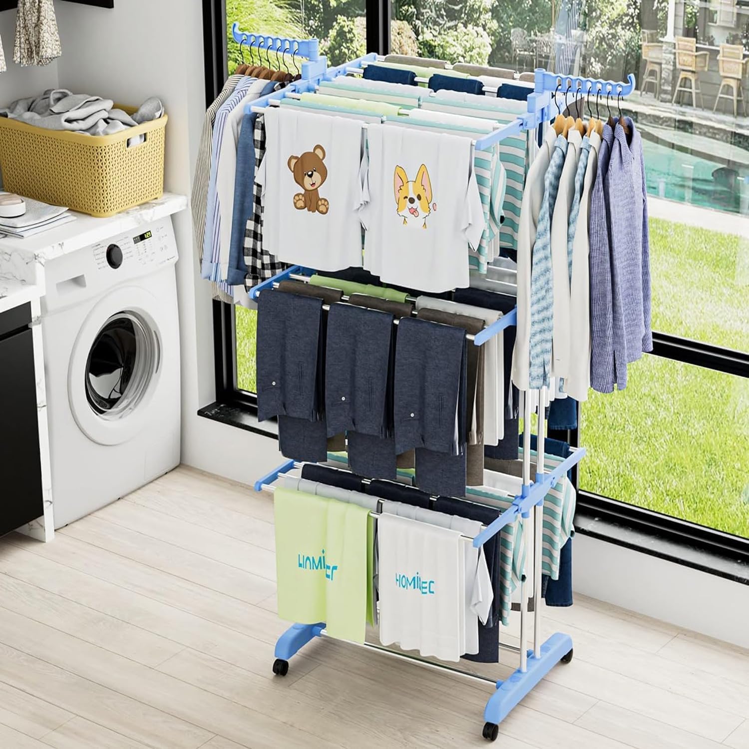 Lukzer 3-Tier Foldable Clothes Drying Rack with Wheels | Stainless Steel Laundry Stand | Space-Saving, Heavy-Duty, Rust-Resistant for Indoor Outdoor Use – Towels, Clothes, Bedsheets