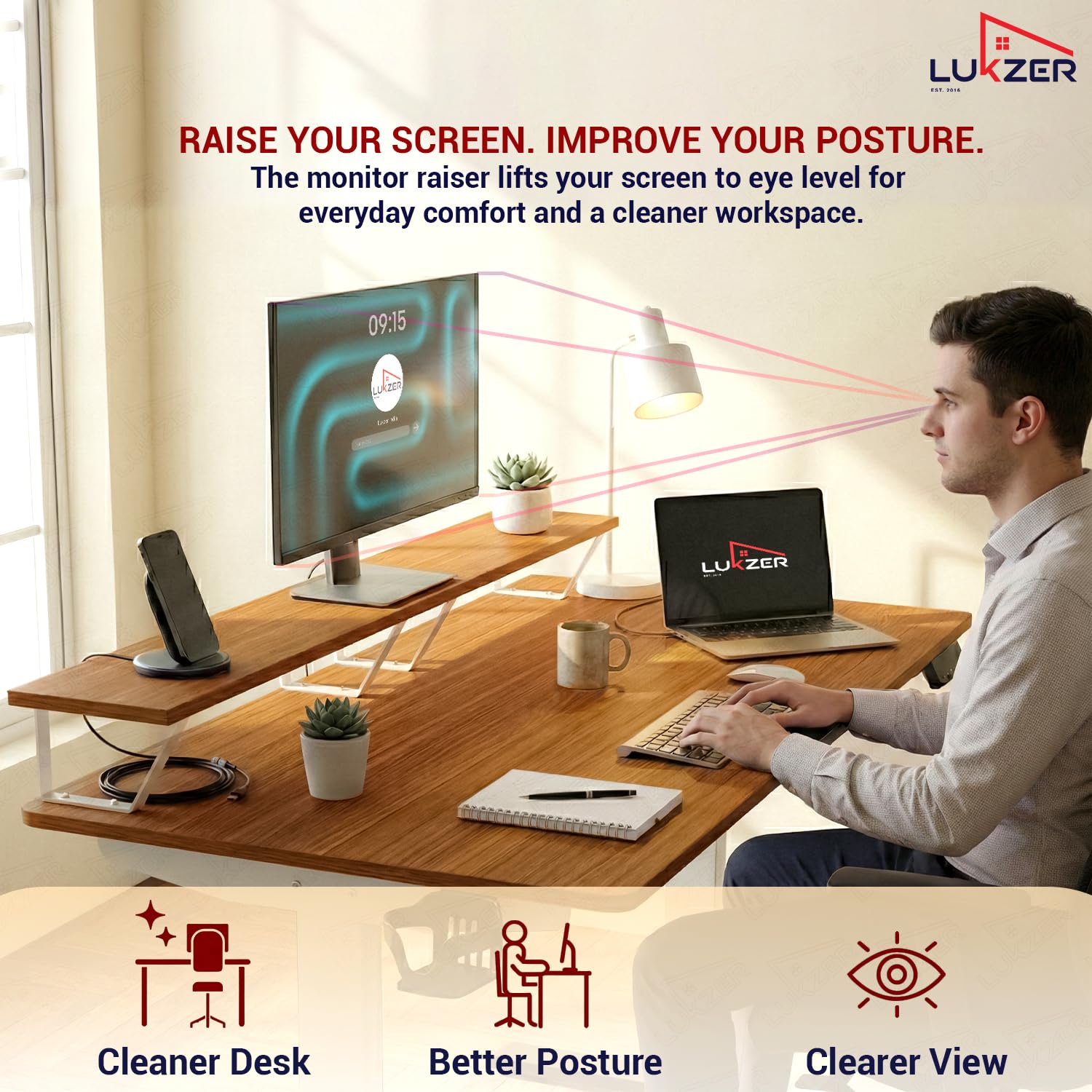Lukzer Electric Height Adjustable Desk with Monitor Riser USB & Type-C Sit-Stand Table (EST-004-UC/White & Oak Brown) 3-Years Warranty