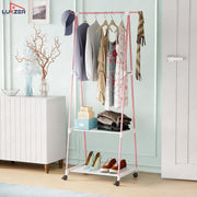 Lukzer A-Shaped Metal Garment Stand with Dual Storage Shelves & Wheels (MGR-010/Pink)
