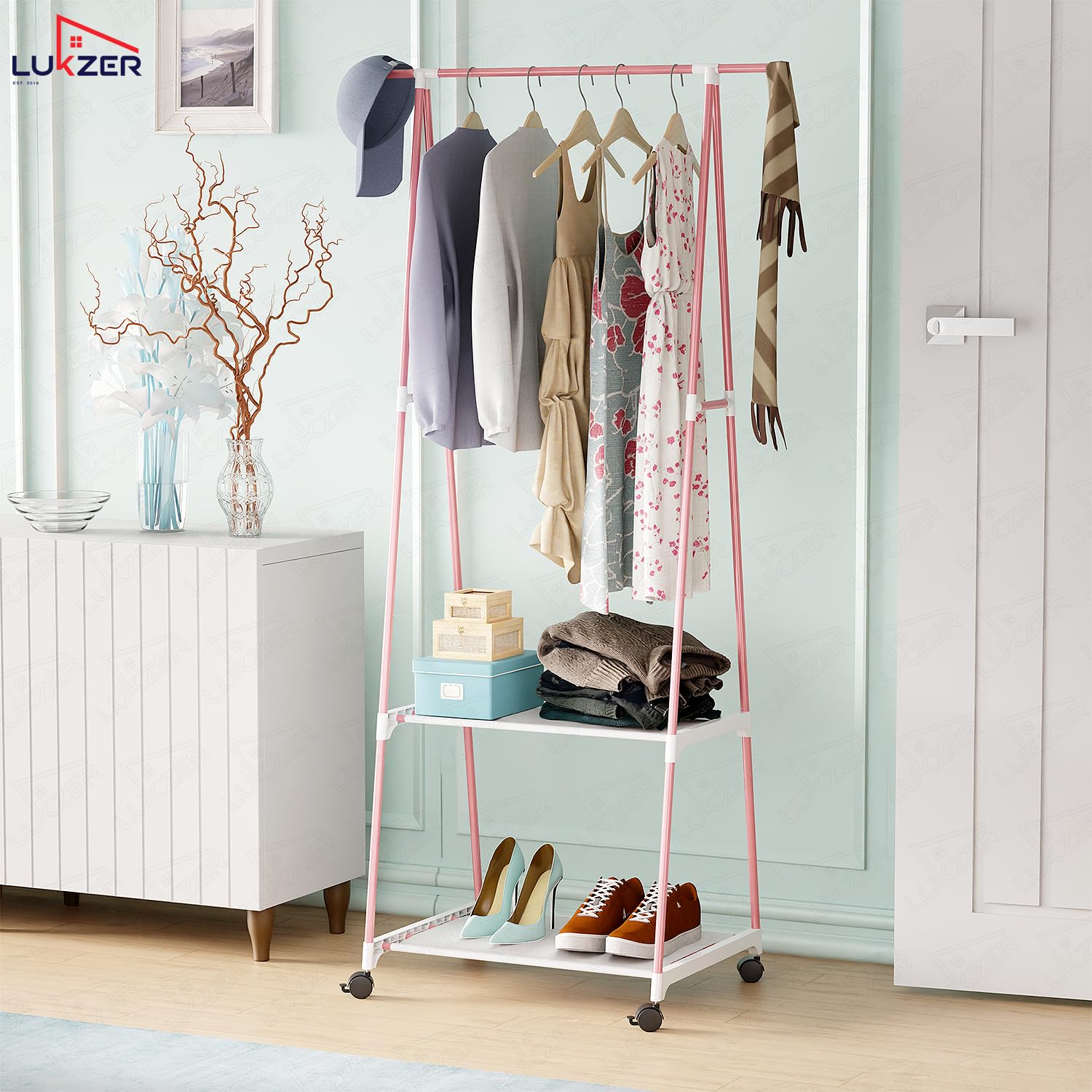 Lukzer A-Shaped Metal Garment Stand with Dual Storage Shelves & Wheels (MGR-010/Pink)