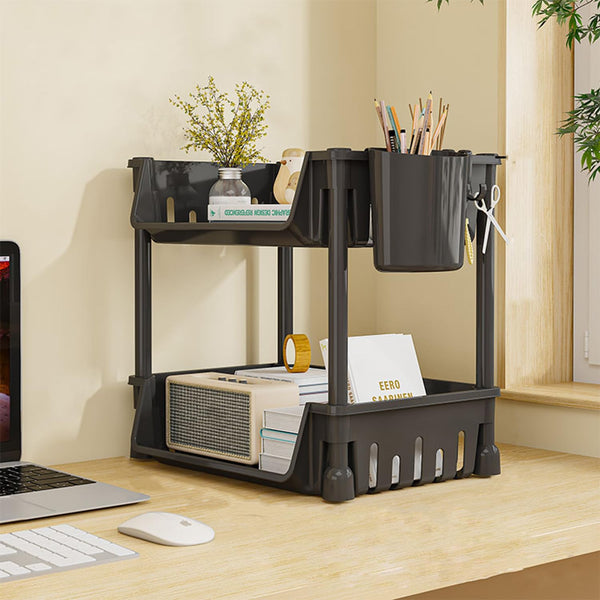 Lukzer 2-Tier Plastic Desk Storage & Book Organizer with Pen Holder (PMR-008/Black)