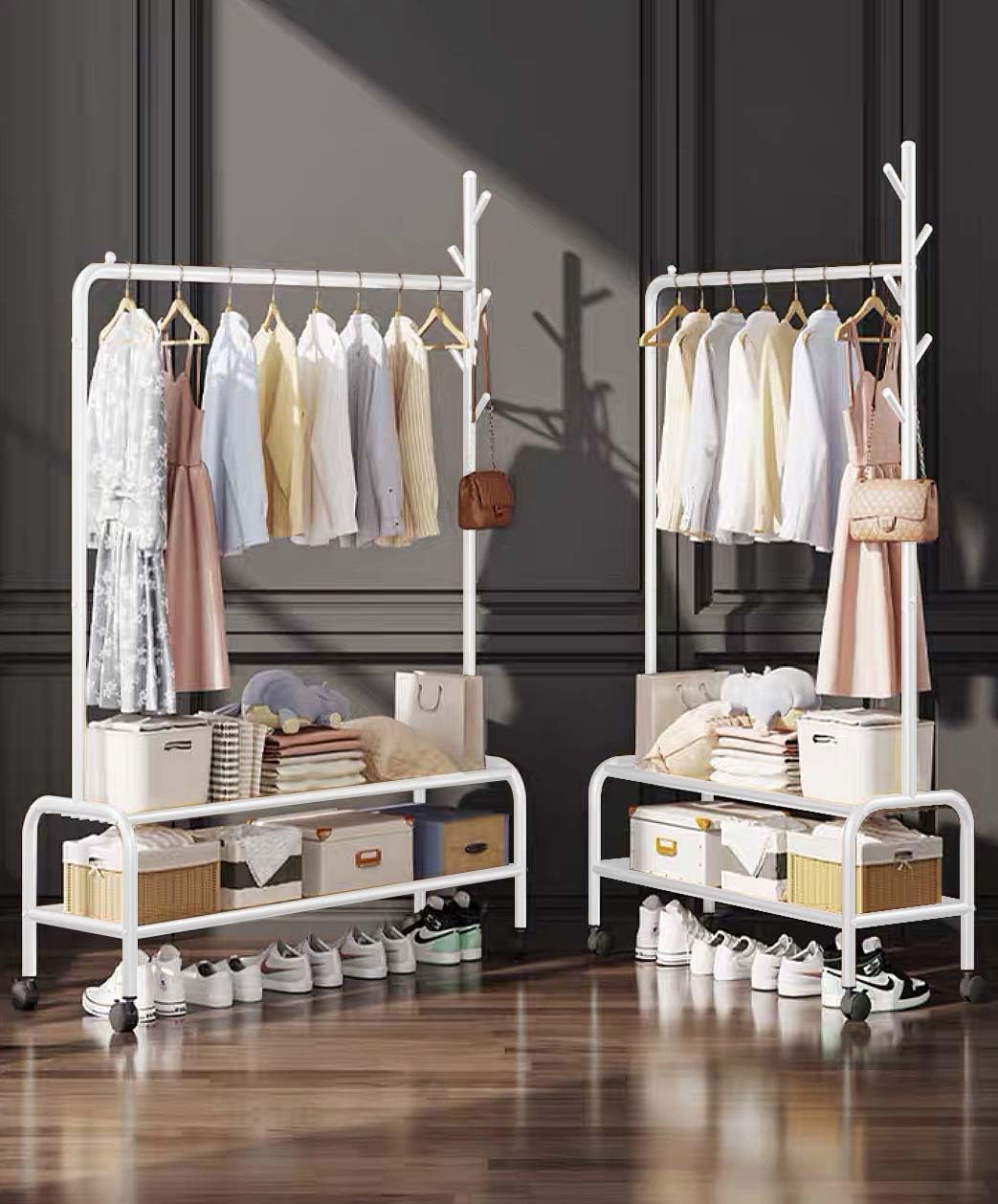 Lukzer Single Pole Portable Metal Garment Rack with 2 Bottom Shelves (MGR-008/White)