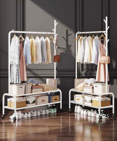 Lukzer Single Pole Portable Metal Garment Rack with 2 Bottom Shelves (MGR-008/White)