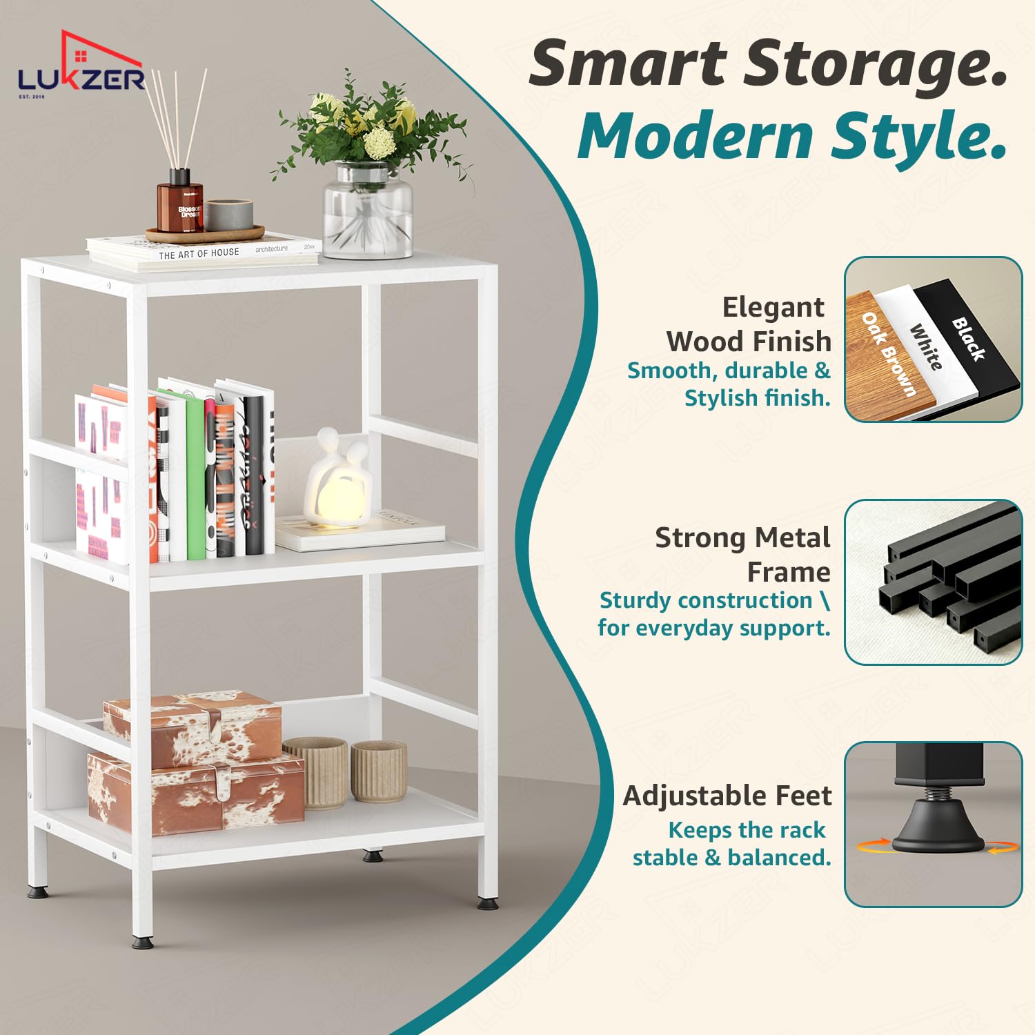 Lukzer 3-Tier Wooden Bedside Table for Bedroom & Multipurpose Open Storage Shelf (MMR-006-White & White)