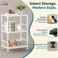 Lukzer 3-Tier Wooden Bedside Table for Bedroom & Multipurpose Open Storage Shelf (MMR-006-White & White)