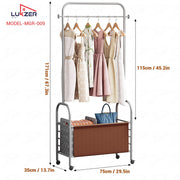Lukzer Metal Clothes Rail Stand with Leather Storage Bin & Wheels (MGR-009/Grey)