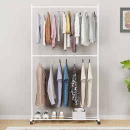 Lukzer MGS-006 White Metal Garment Stand with Bottom Shelf | Heavy-Duty Clothes Rack