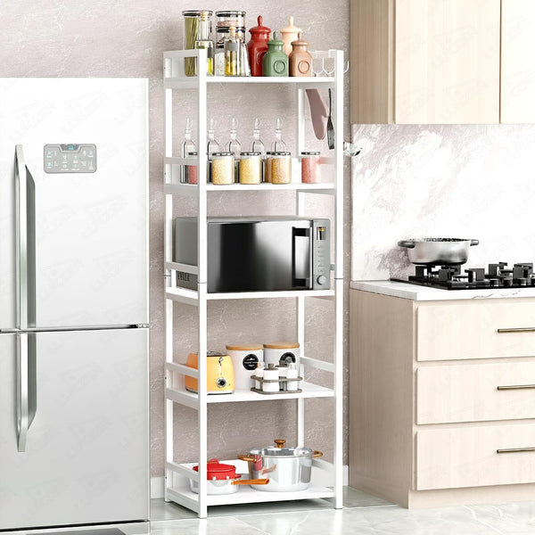 Lukzer 5-Tier Multipurpose Metal & Wood Kitchen Storage Rack (MKR-005/White & White)